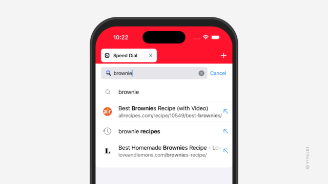 Vivaldi on iOS with a search keyword in the Address Field and suggestions menu below it.