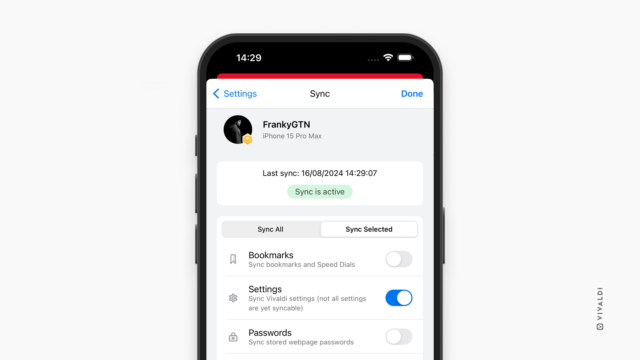 Sync settings page in Vivaldi on iOS.