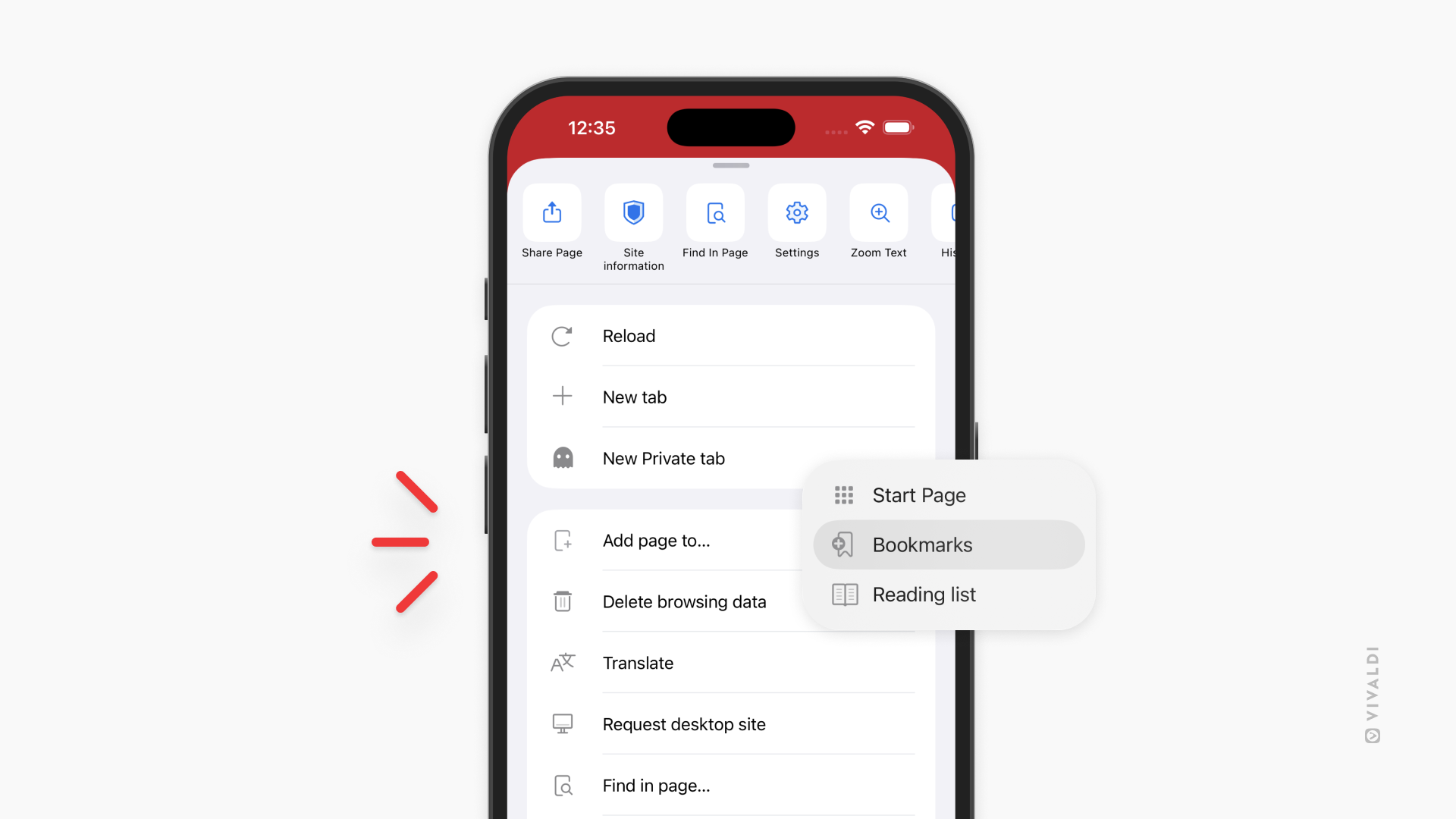 Меню Добави страницата към… във Vivaldi под iOS.