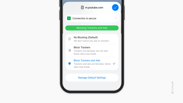 Tracker and Ad Blocker menu in Vivaldi on iOS.