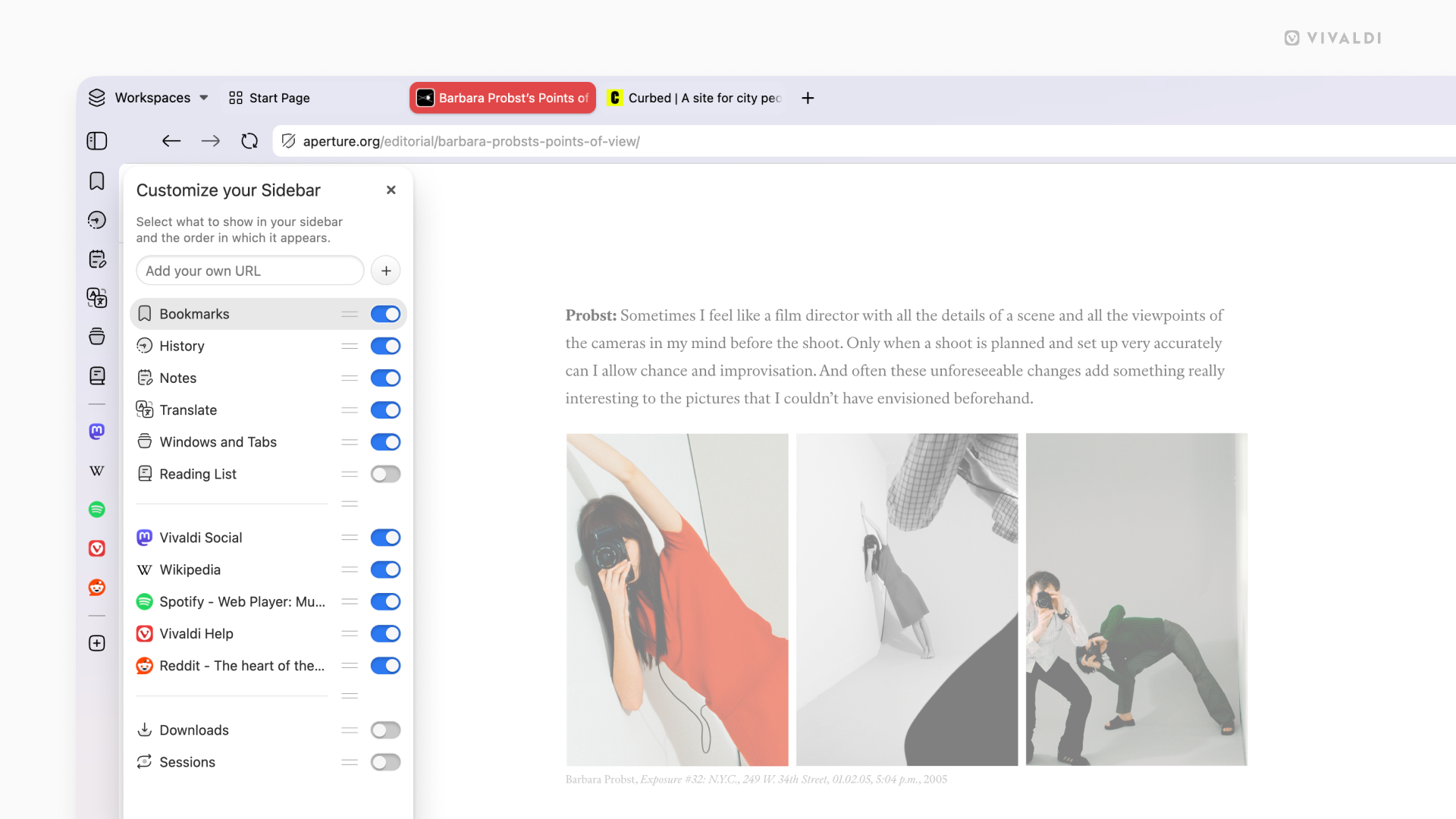 Panel editor open on the left side of the Vivaldi browser window.
