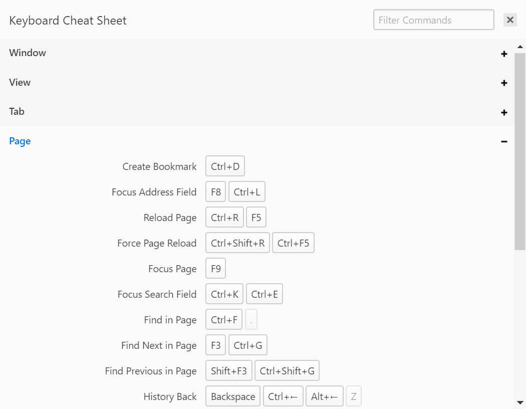 Lista de Comando do Atalho de Teclado