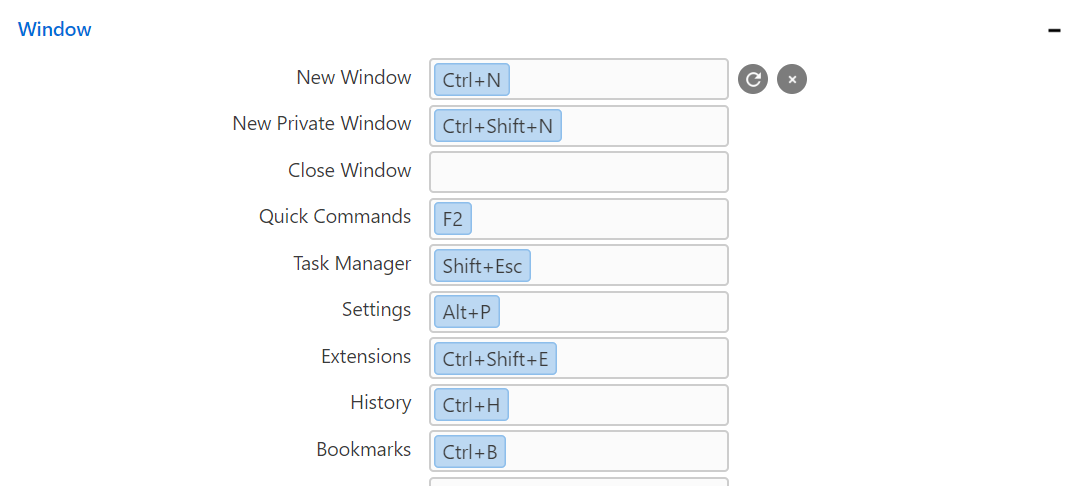 Списък на бързите клавиши за прозорец на операционната система Windows в Настройки.