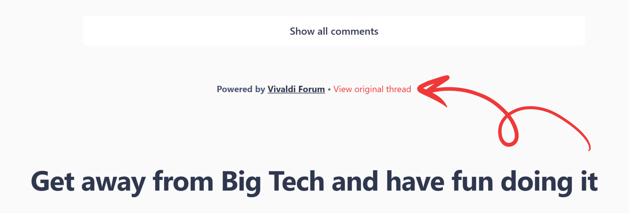 An arrow is pointing at a link on a Vivaldi blog post's page to the original comment section hosted on the Vivaldi Forum.
