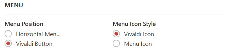 Definições do menu principal do Vivaldi