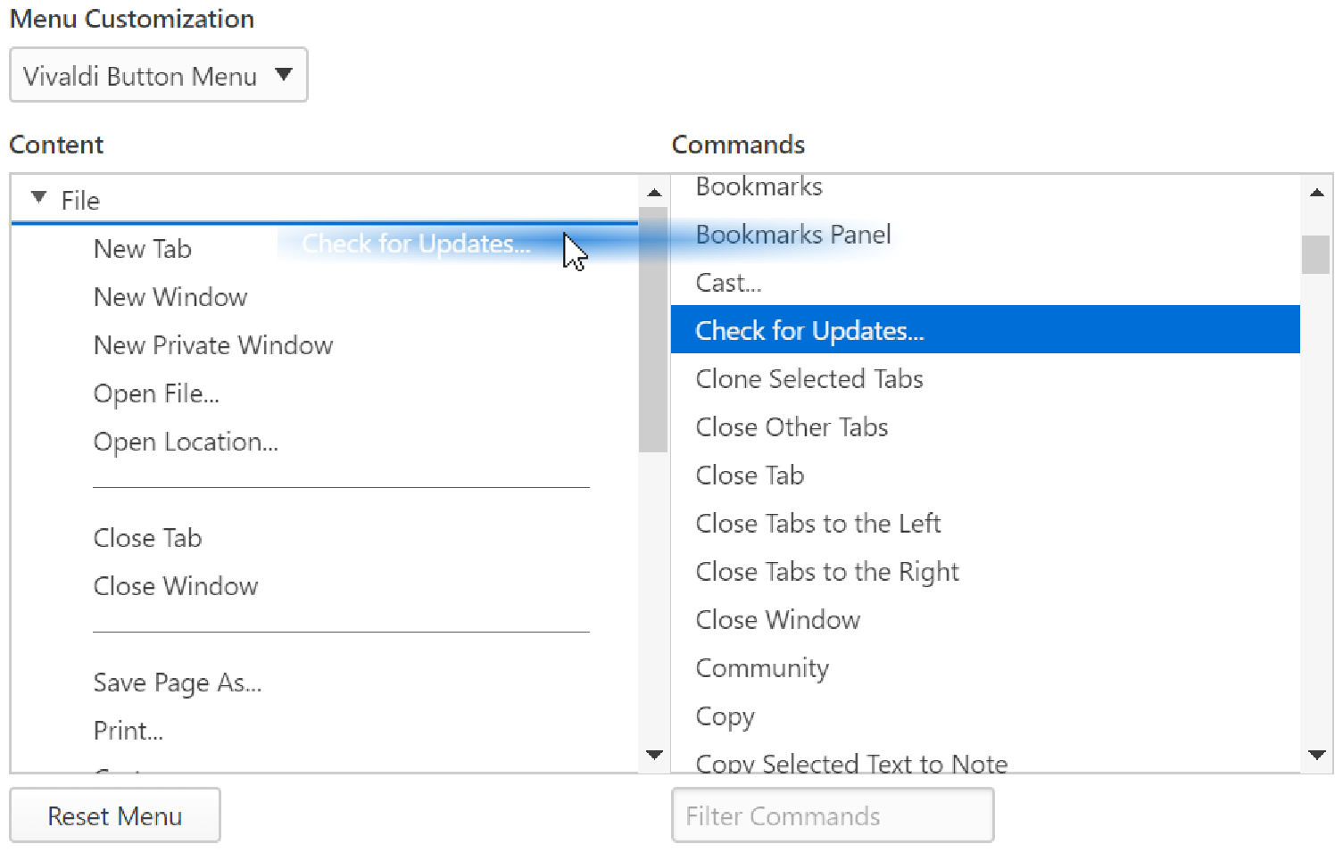 Adding a command to the menu in menu customization settings