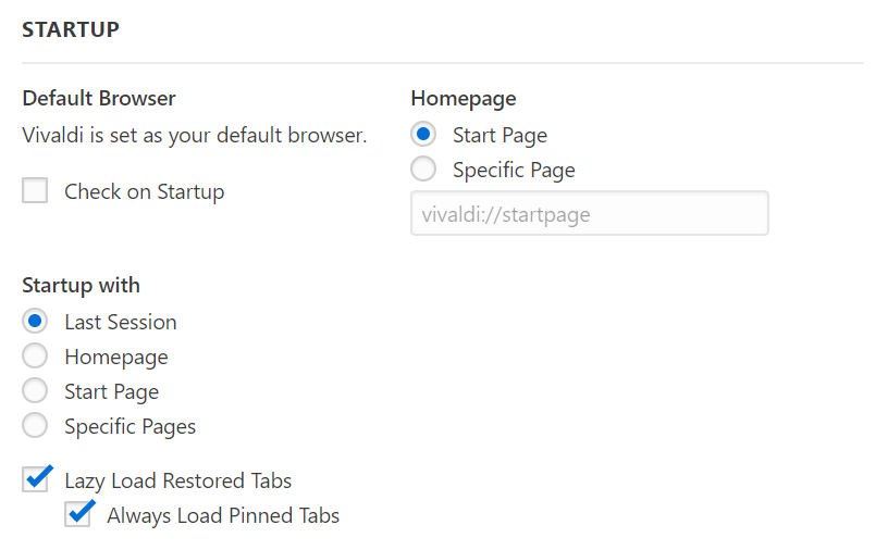 Browser startup settings