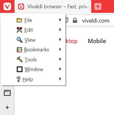 Menu du bouton Vivaldi avec des icônes dans les noms de commandes