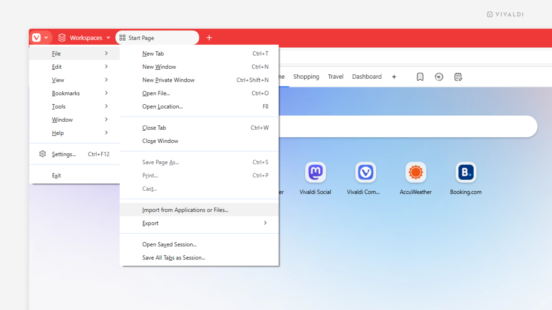 Vivaldi browser window showing the menu path to import data from other applications and files.