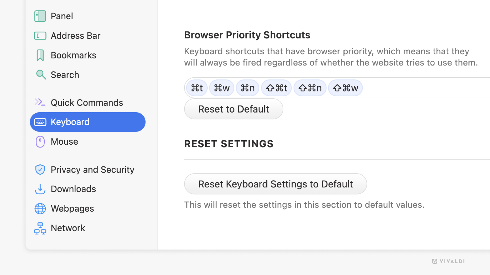 Paramètres des raccourcis clavier ouverts sur la section « Raccourcis prioritaires au navigateur »