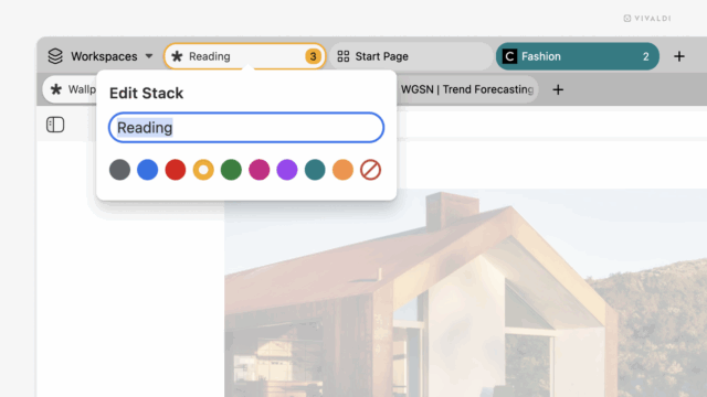 Corner of a Vivaldi browser window with Edit Tab Stack dialog open.