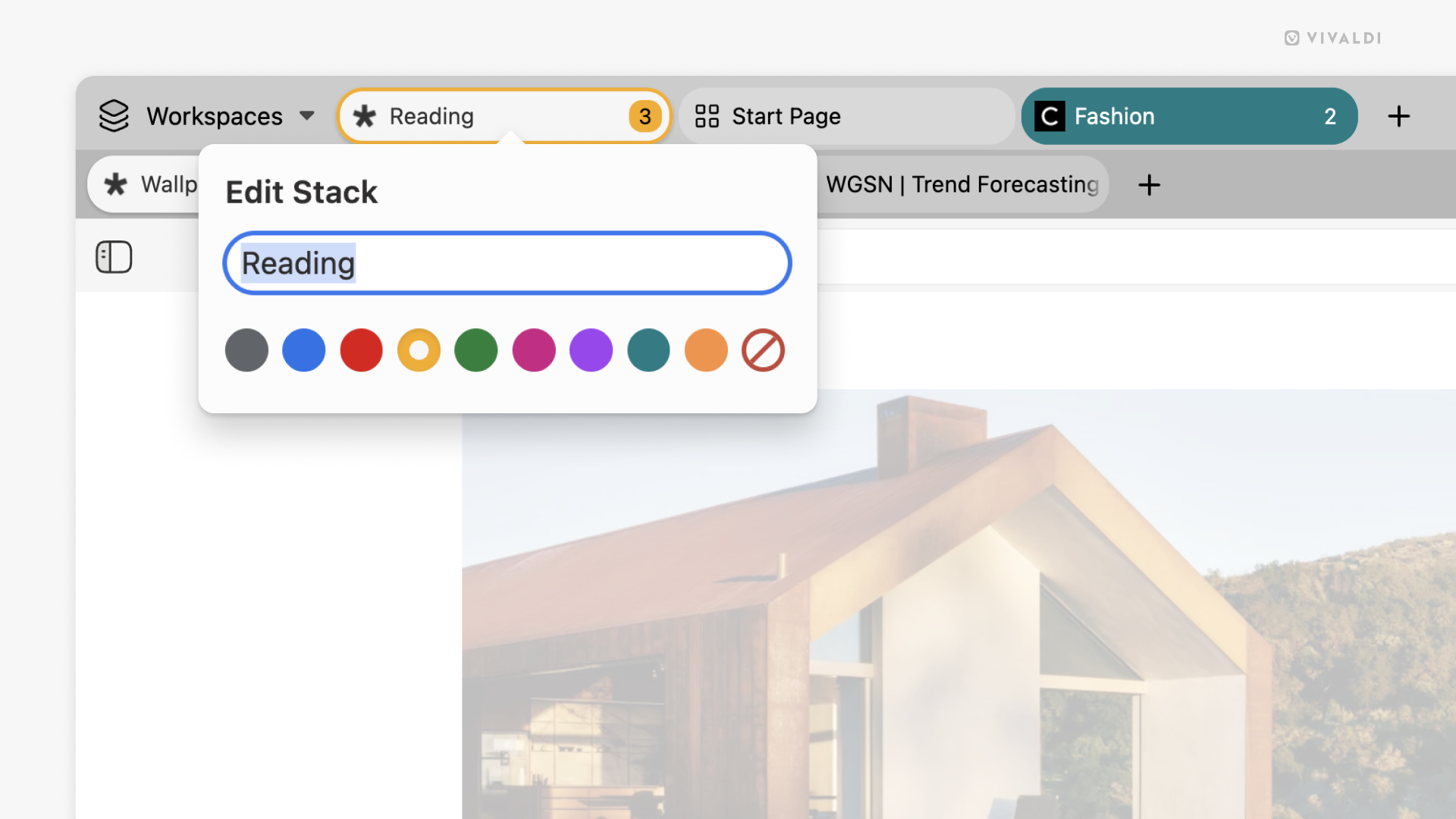 Corner of a Vivaldi browser window with Edit Tab Stack dialog open.