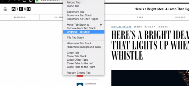 Ungroup Tab Stack from context menu Ungroup Tab Stack from context menu