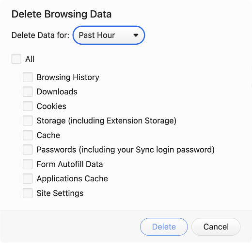 Clear Private Data menu in Vivaldi