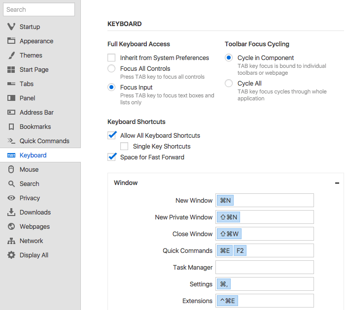 keyboard shortcut for settings