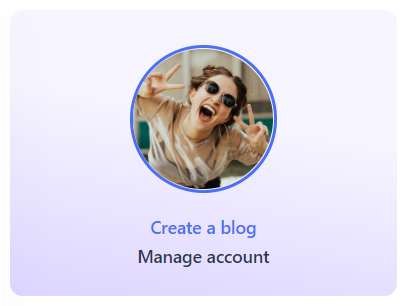 Section de la page d’accueil des blogs de la communauté avec l’avatar de l’utilisateur, les options « Créer un blog » et « Gérer le compte ».