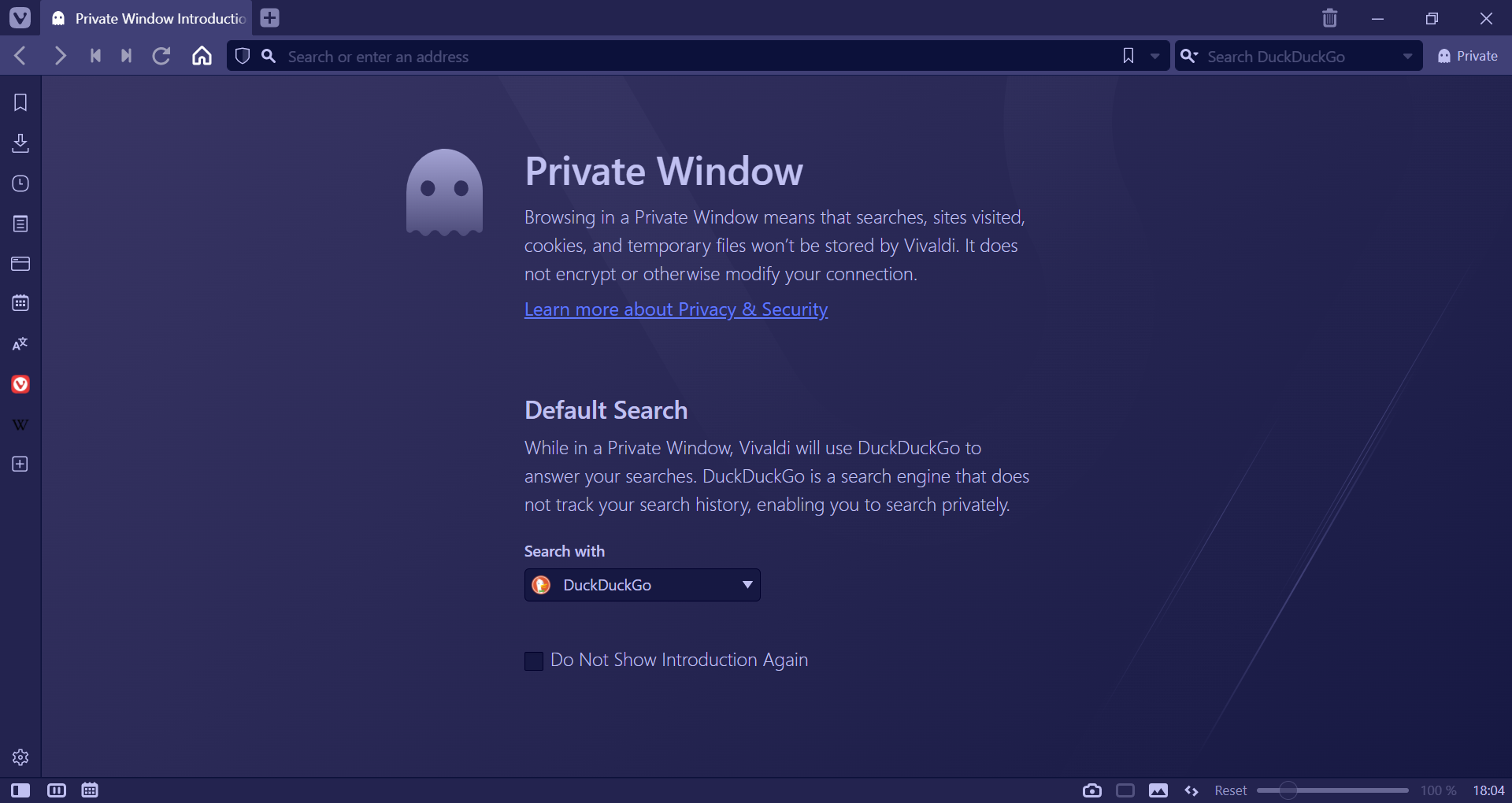 Private window with the intro page displayed