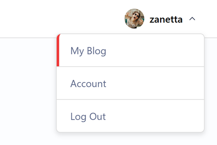 Отворено меню на потребителя в горния десен ъгъл на blogs.vivaldi.net с; Моят блог.
