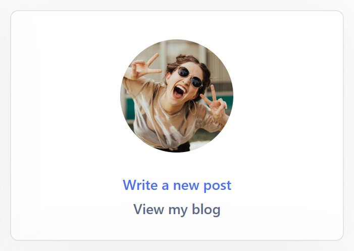 Section of Community Blog's homepage with user's avatar and links "Write a new post" "View my blog".