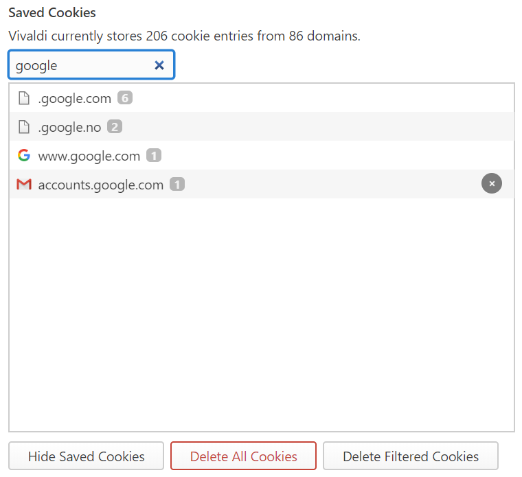 Filtered cookies in privacy settings