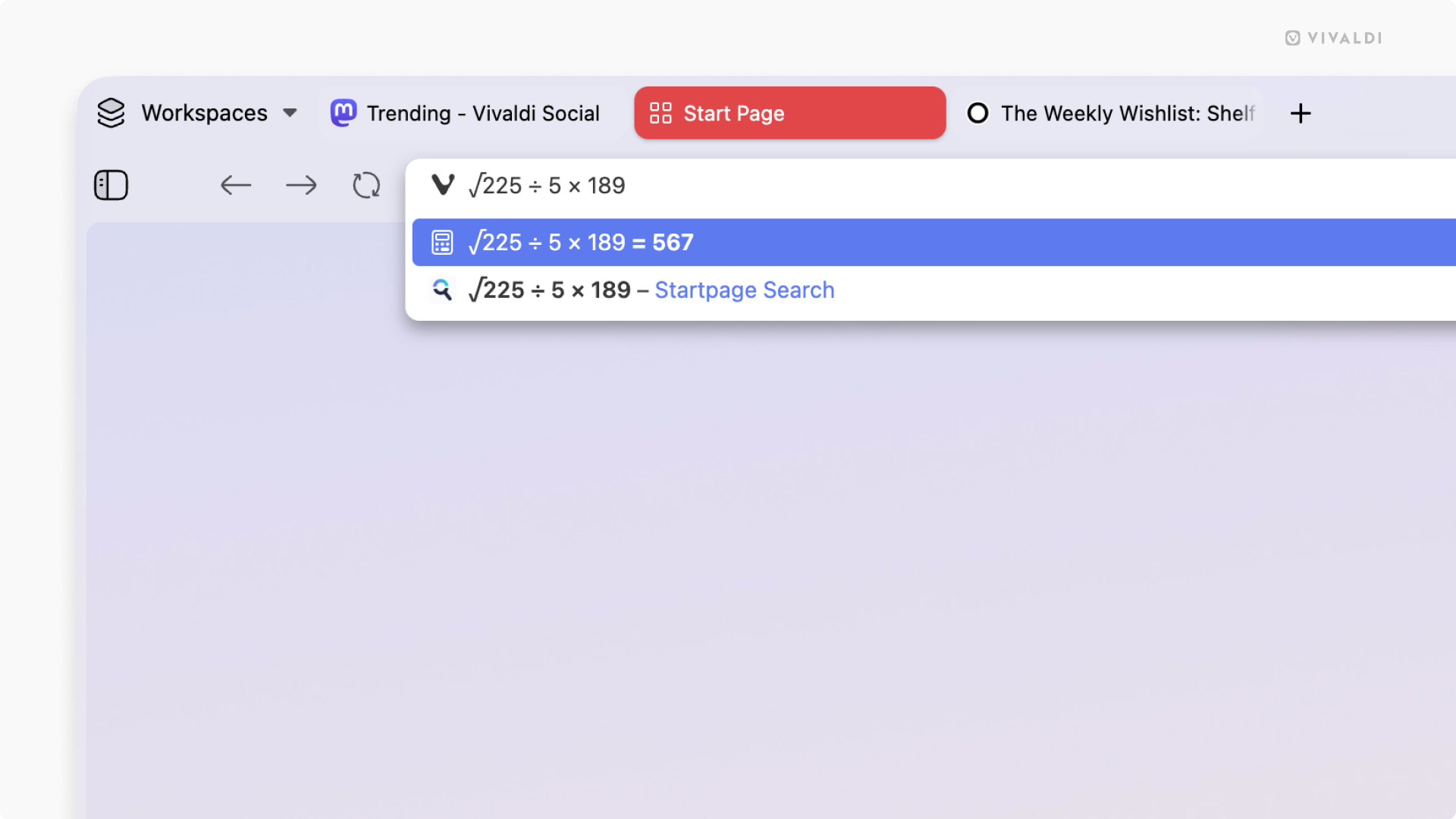 Vivaldi browser window with a calculation in the Address Field.