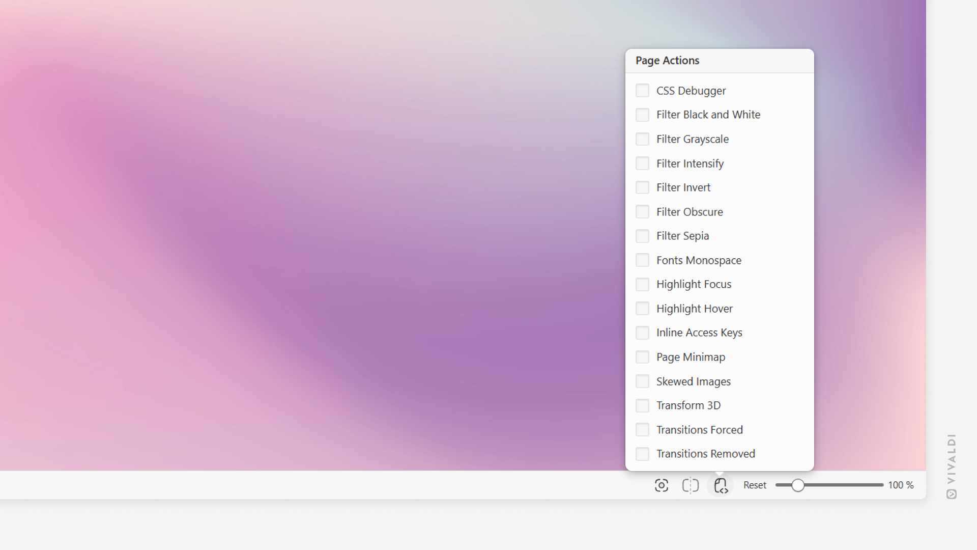 页面操作菜单在 Vivaldi 浏览器窗口的右下角打开。