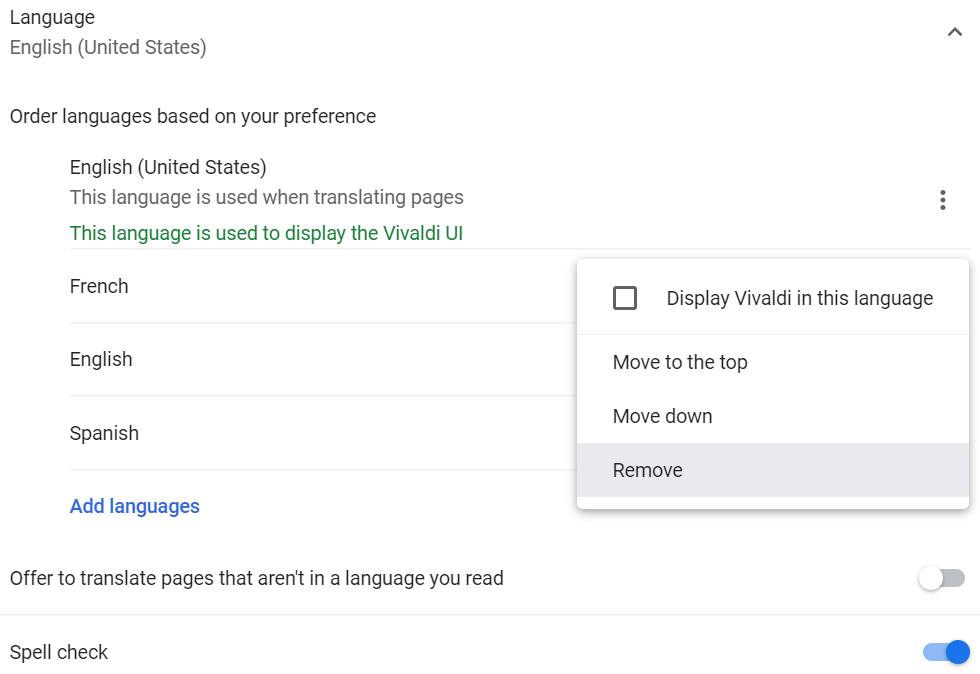 Eliminación de un idioma en configuración de idioma