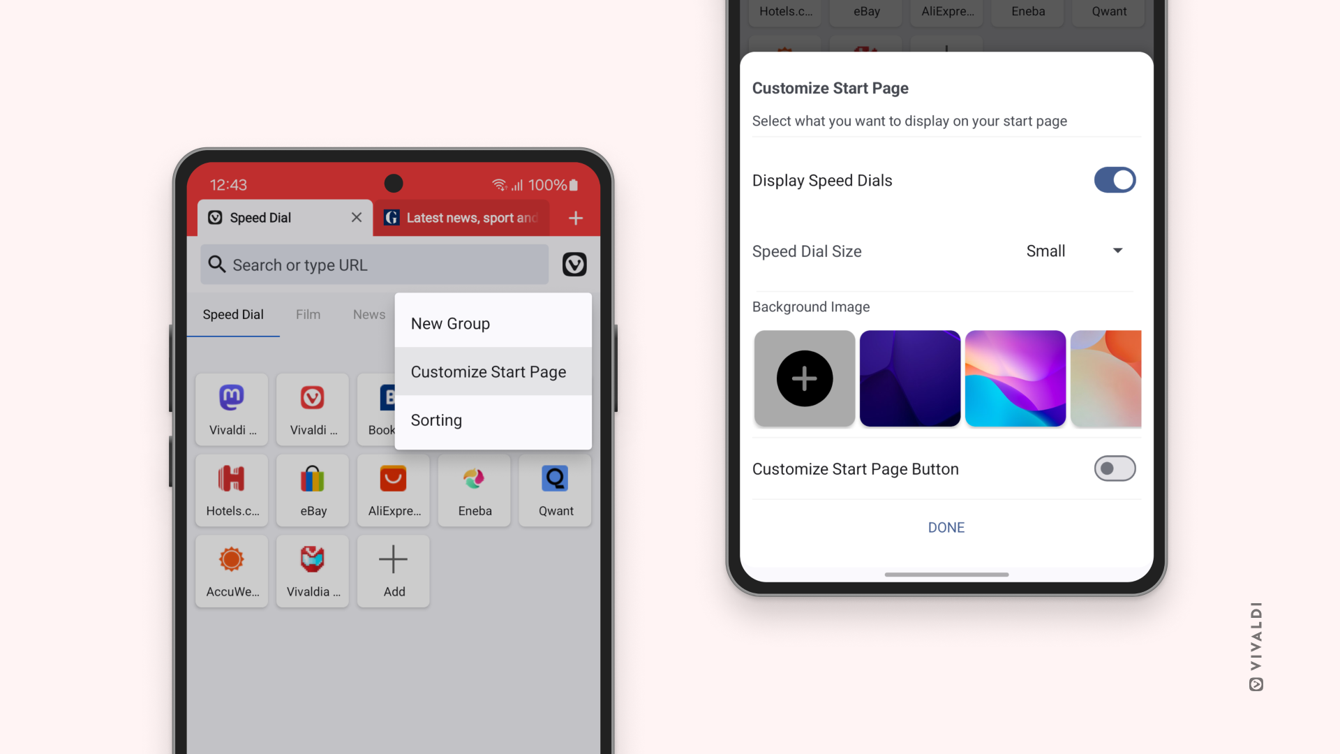Two Android phones with Vivaldi open. One showing the menu for opening customization settings, the other displaying the settings view.