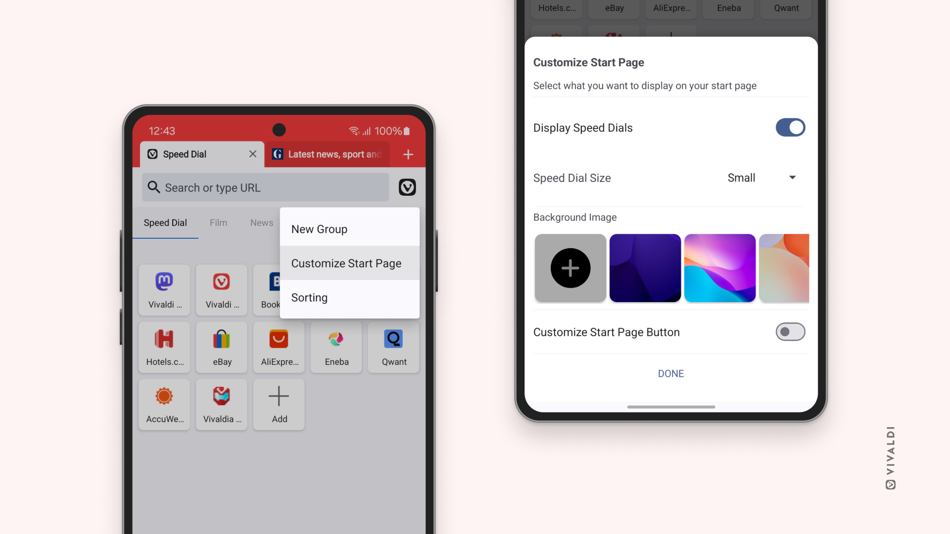 Два телефона с Android с отворен Vivaldi. На единия е показано менюто за отваряне на настройките на нагласяване, а на втория — изгледът на настройките.