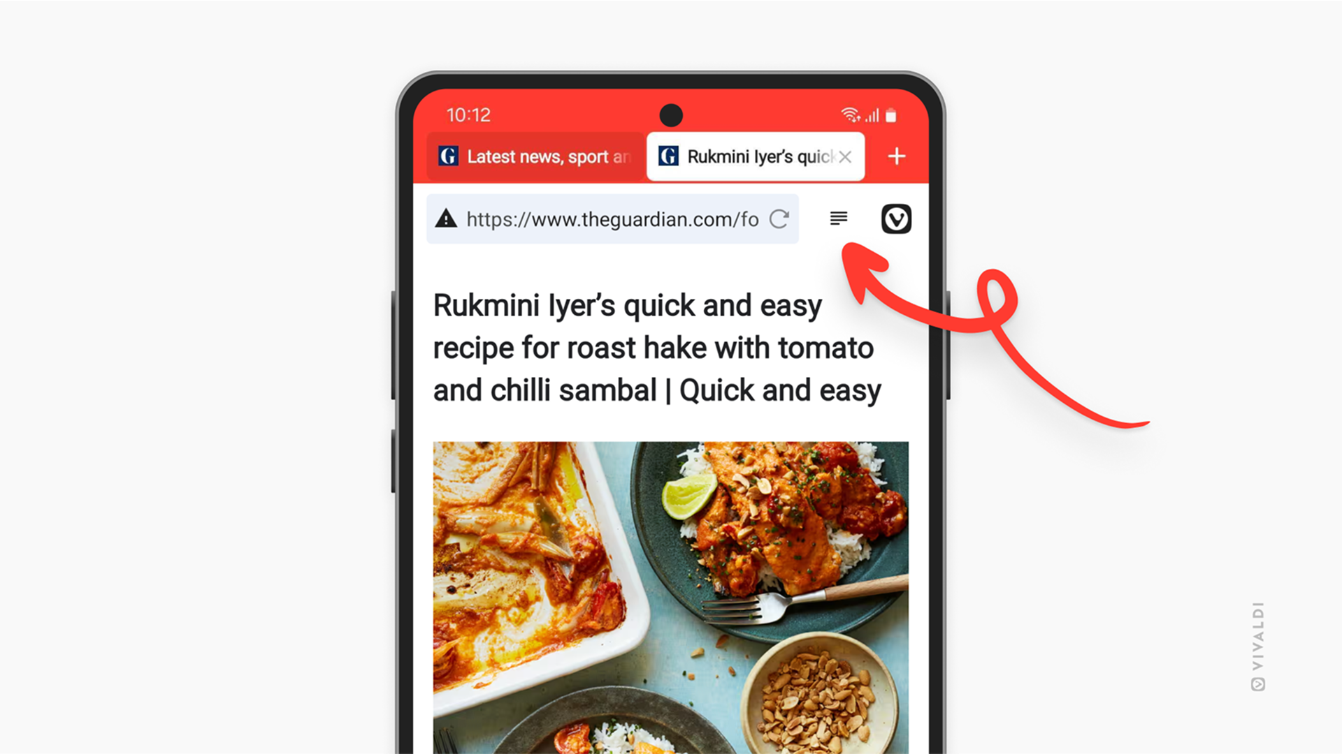 Vivaldi on Android, with an arrow pointing at the Reader View button on the Address Bar.