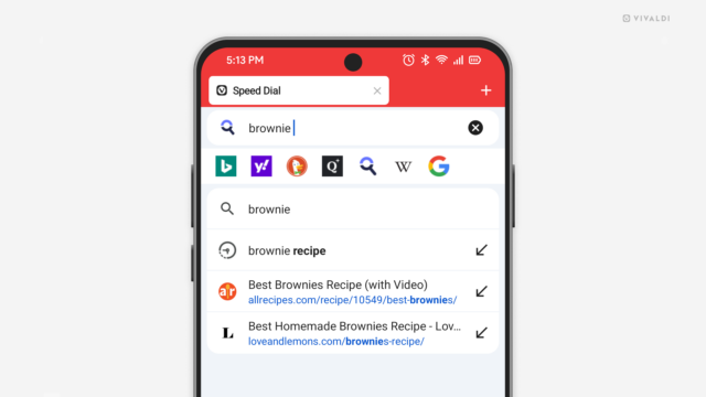 Vivaldi on Android with a search keyword in the Address Field and suggestions menu below it.