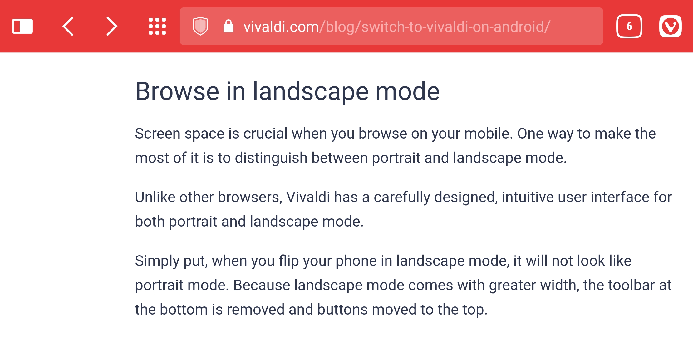 Vivaldi Android en modo horizontal con todos los botones de la barra de herramientas en la parte superior