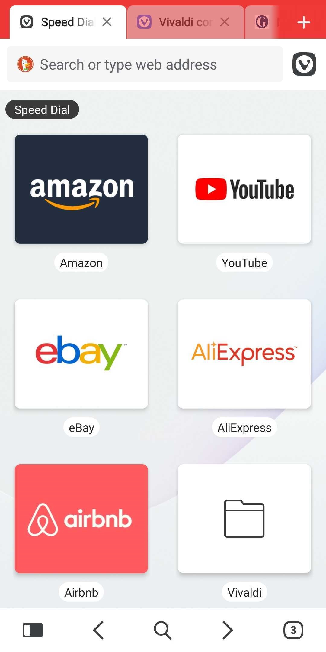 Page d’accueil de Vivaldi Android affichant des Speed Dials