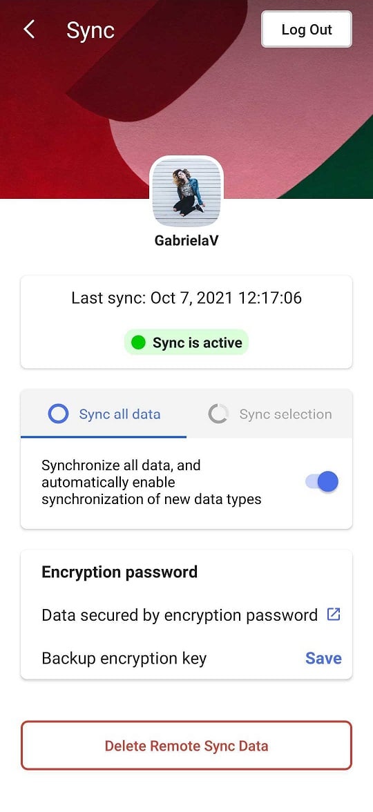 Página de configuración de sincronización en Android