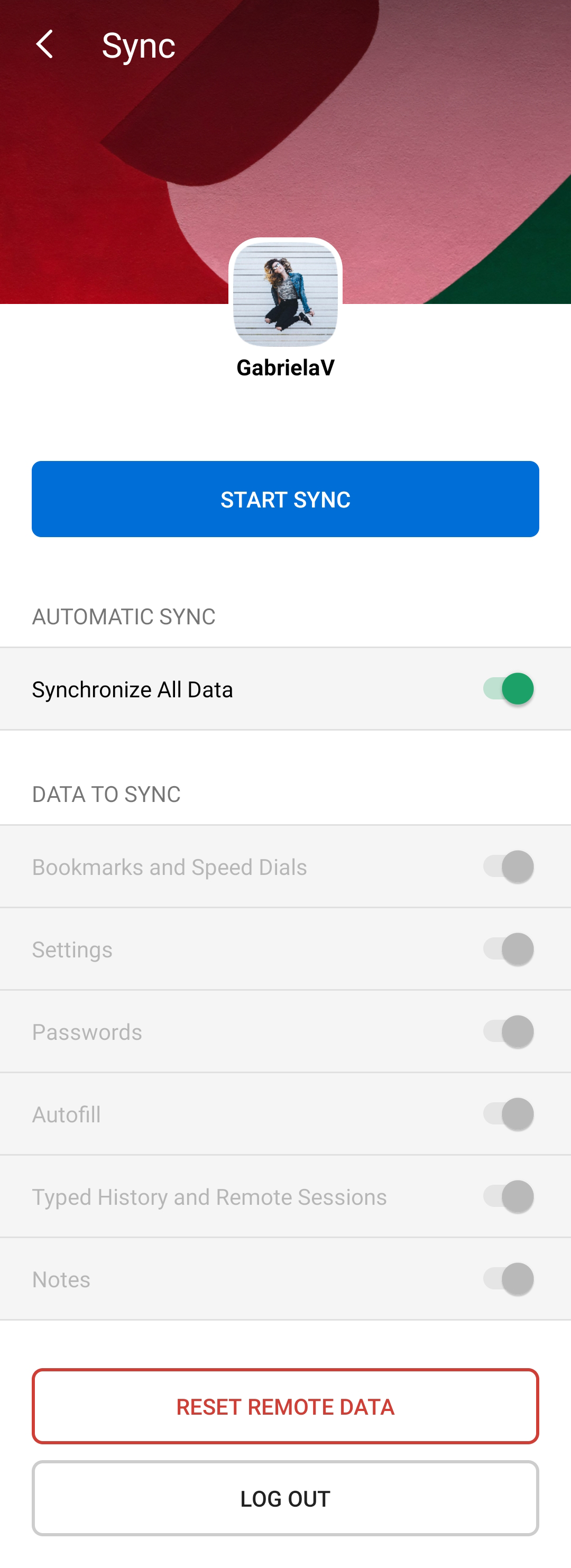 Página de Confiurações do Sync.