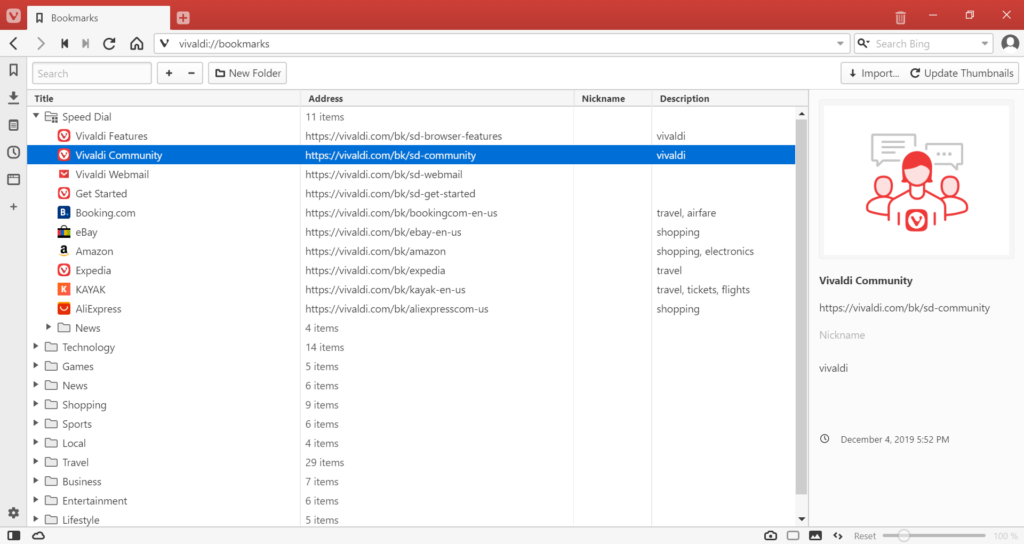 Vivaldi Browser Help | Bookmark Manager
