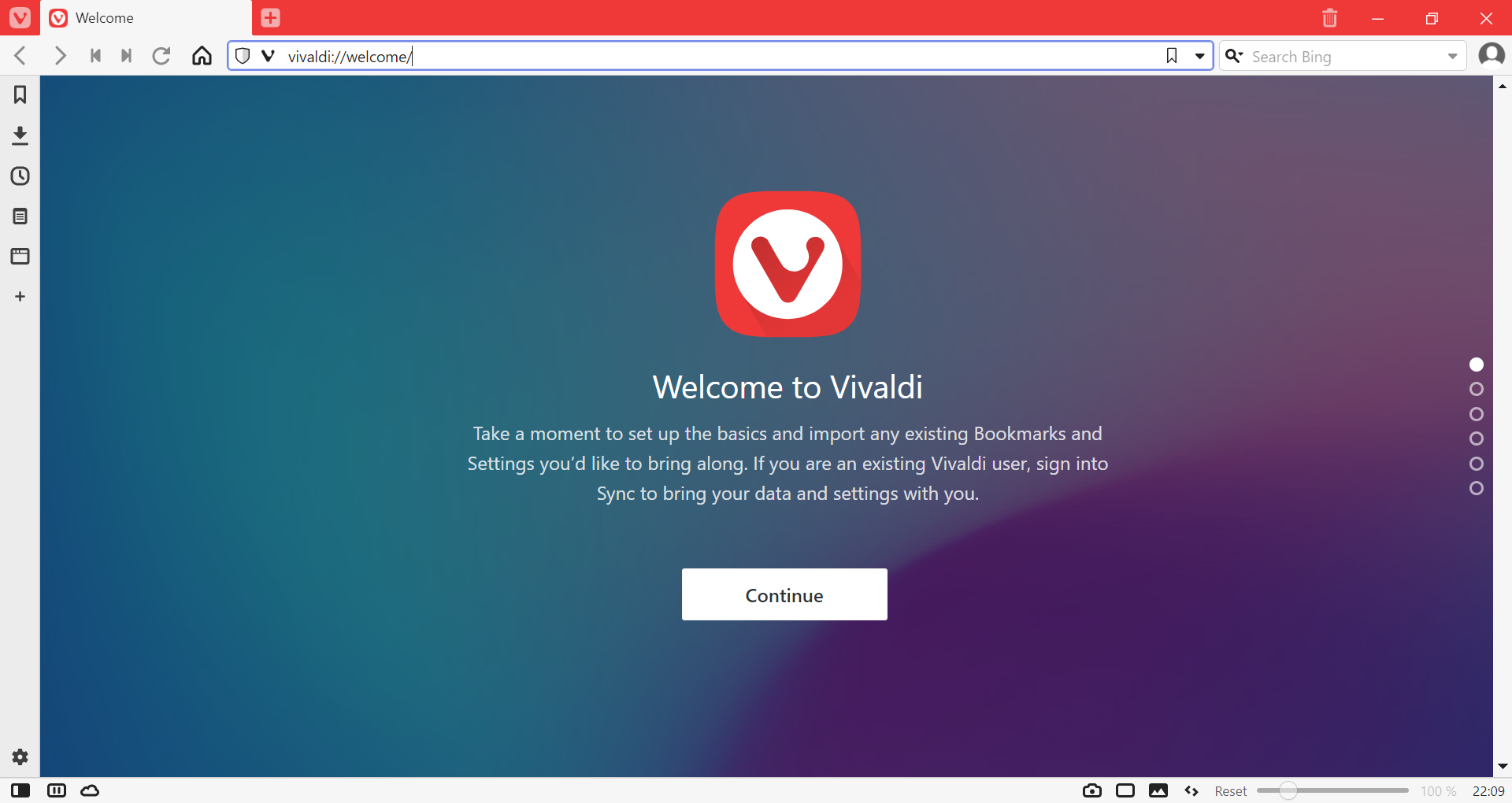 Vivaldi-browser met de welkomstpagina open