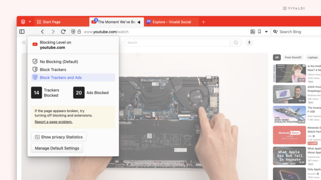 Tracker and Ad Blocker menu in the Vivaldi browser.