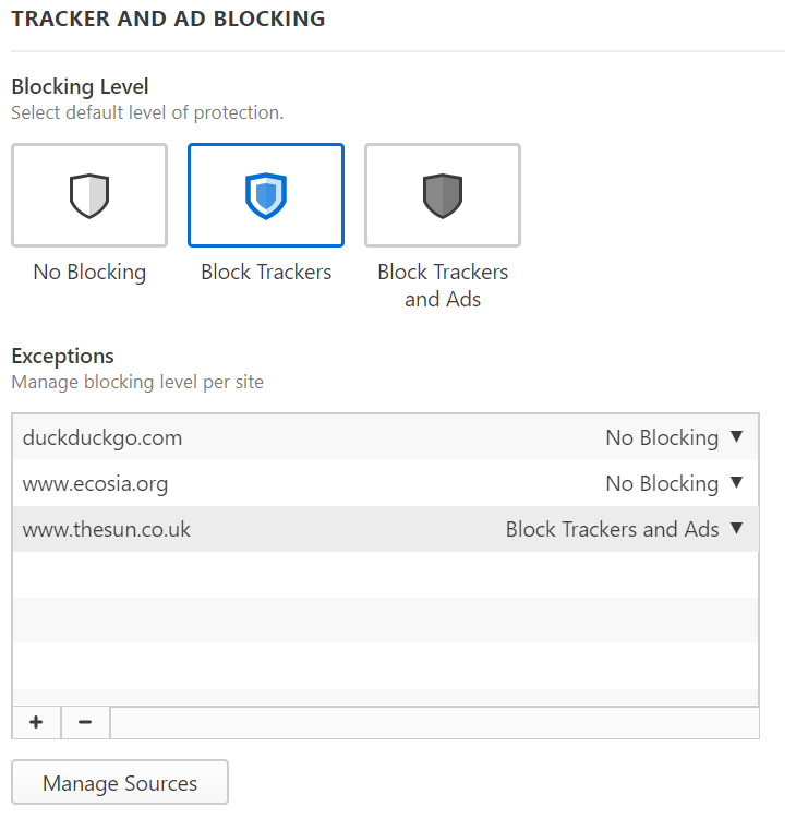Opciones de configuración del bloqueador de rastreadores y anuncios