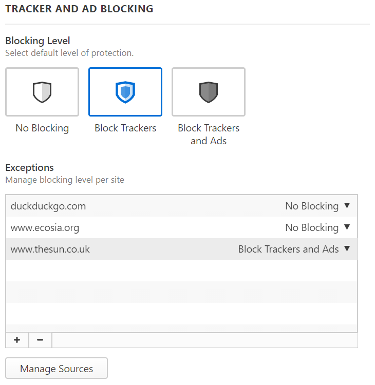 Tracker- und Werbeblocker-Einstellungen