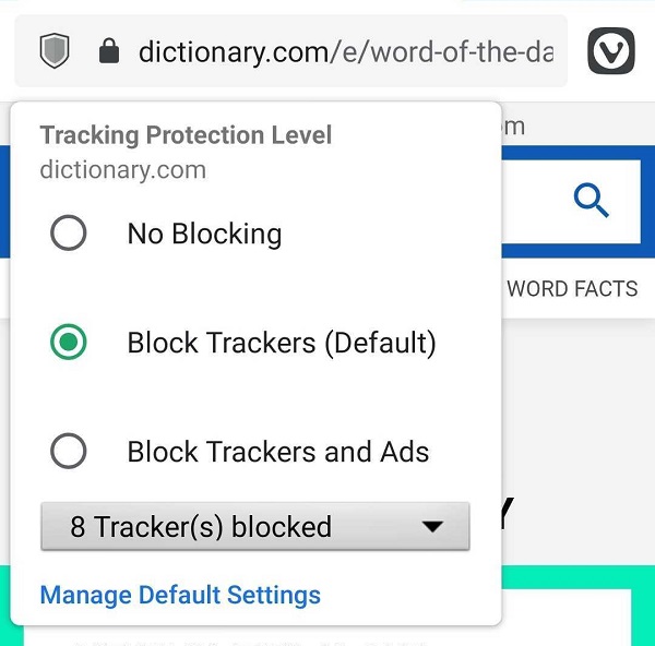 Bloker trackerów i reklam - menu w Vivaldi na Androida