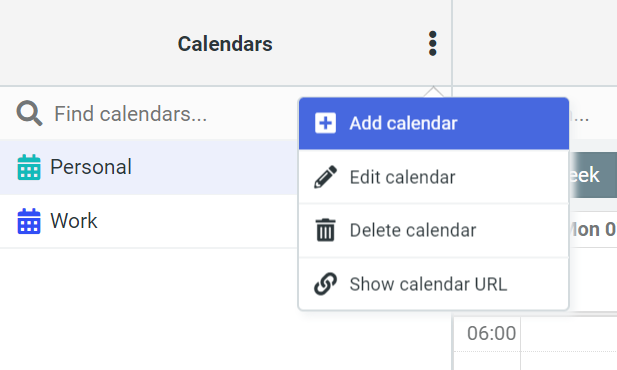 Option Ajouter un nouveau calendrier dans le menu