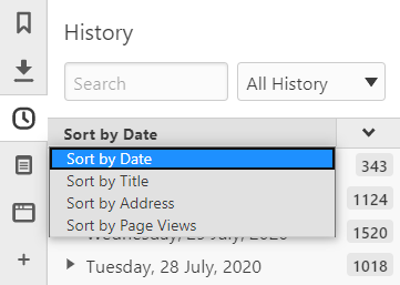 Panel Historial con el menú de clasificación abierto