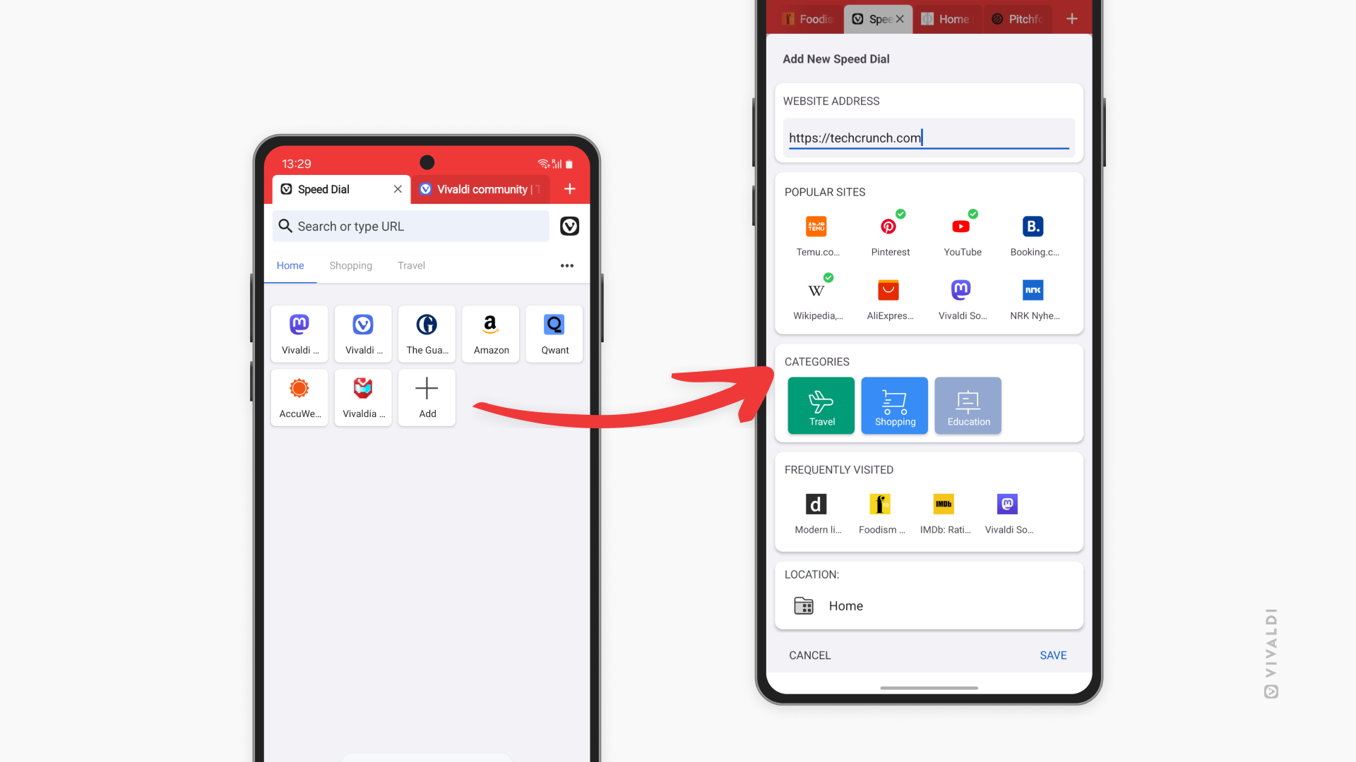 Two Android phones. One showing Vivaldi's Start Page with Speed Dials, the other showing the new add Speed Dial dialog. An arrow from the button on the Start Page points towards the second phone with the dialog.