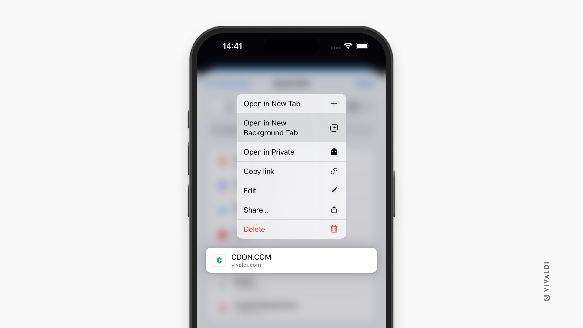 Bookmark context menu highlighting the option to open it in a new background tab in Vivaldi on iOS.