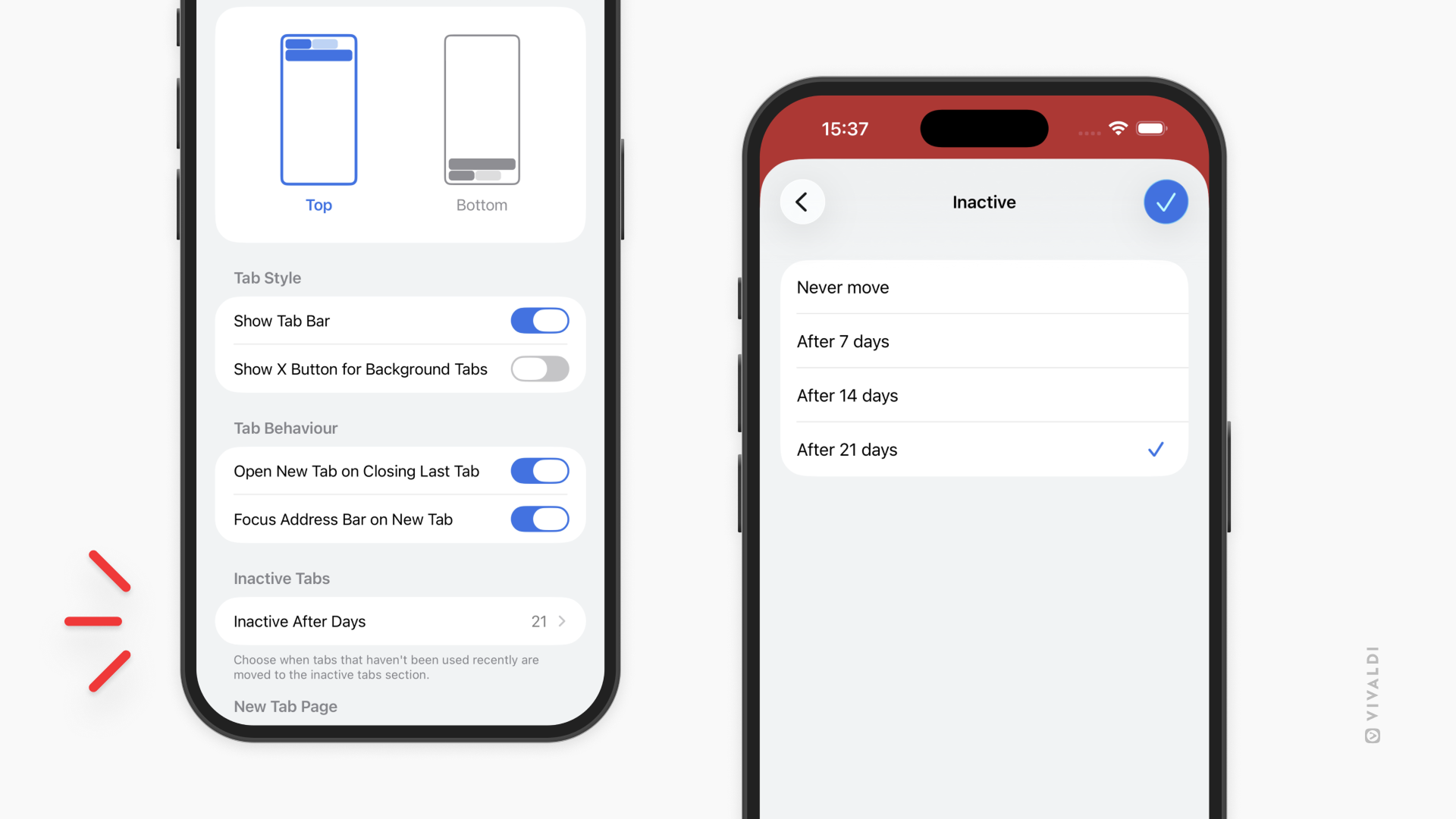 A settings screen of the Vivaldi browser on an iPhone. The interface allows choosing the tab bar position (top or bottom), toggling options for tab style and behavior, and setting when inactive tabs should be moved. A separate screen on the right shows options for moving inactive tabs: ‘Never move,’ ‘After 7 days,’ ‘After 14 days,’ and ‘After 21 days,’ with ‘After 21 days’ selected.  