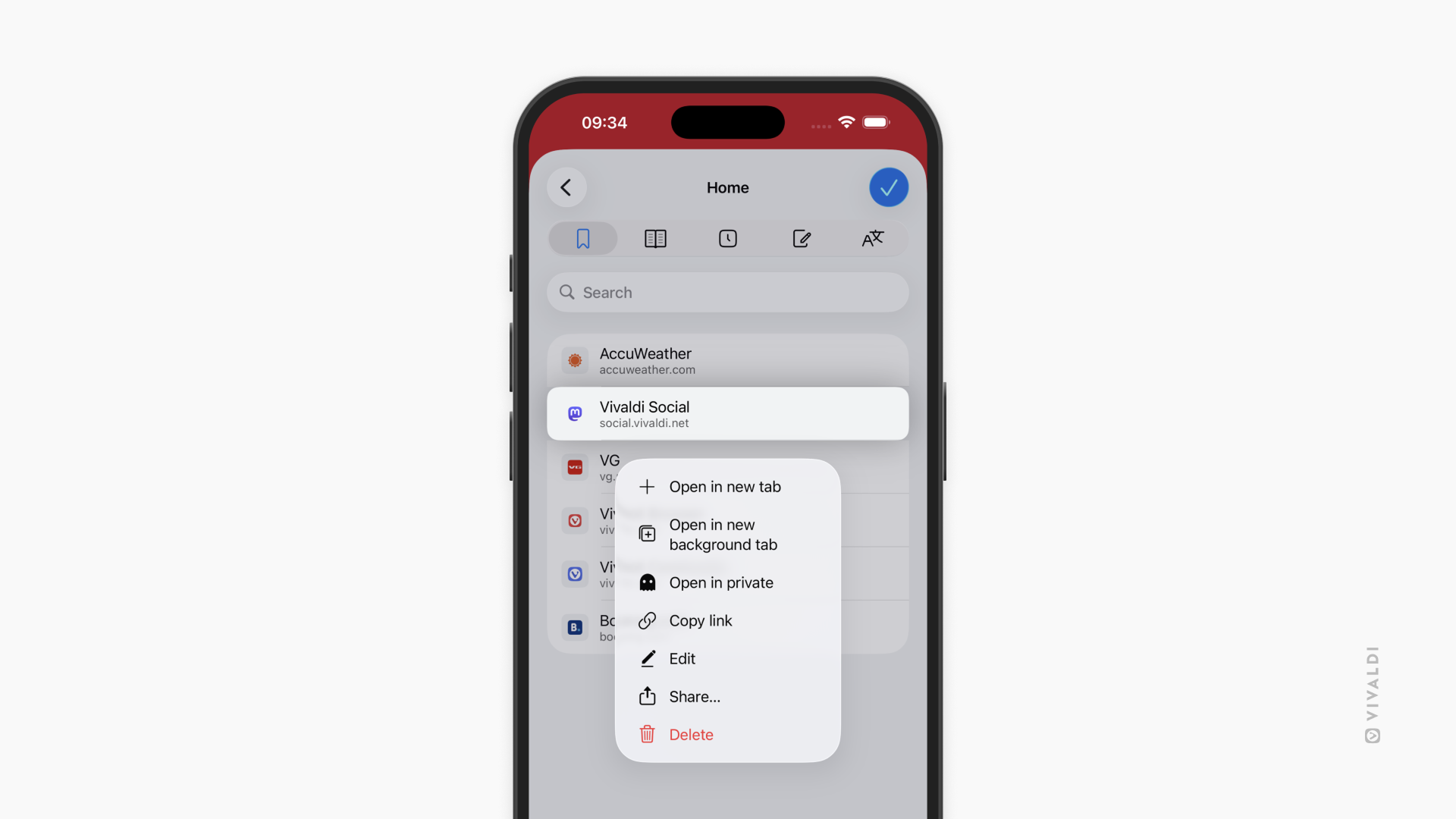 On an iPhone, a Vivaldi browser Speed Dial item labeled ‘Vivaldi Social’ is long-pressed, revealing a contextual menu. The menu includes options such as ‘Open in new tab,’ ‘Open in new background tab,’ ‘Open in private,’ ‘Copy link,’ ‘Edit,’ ‘Share,’ and ‘Delete.’ 