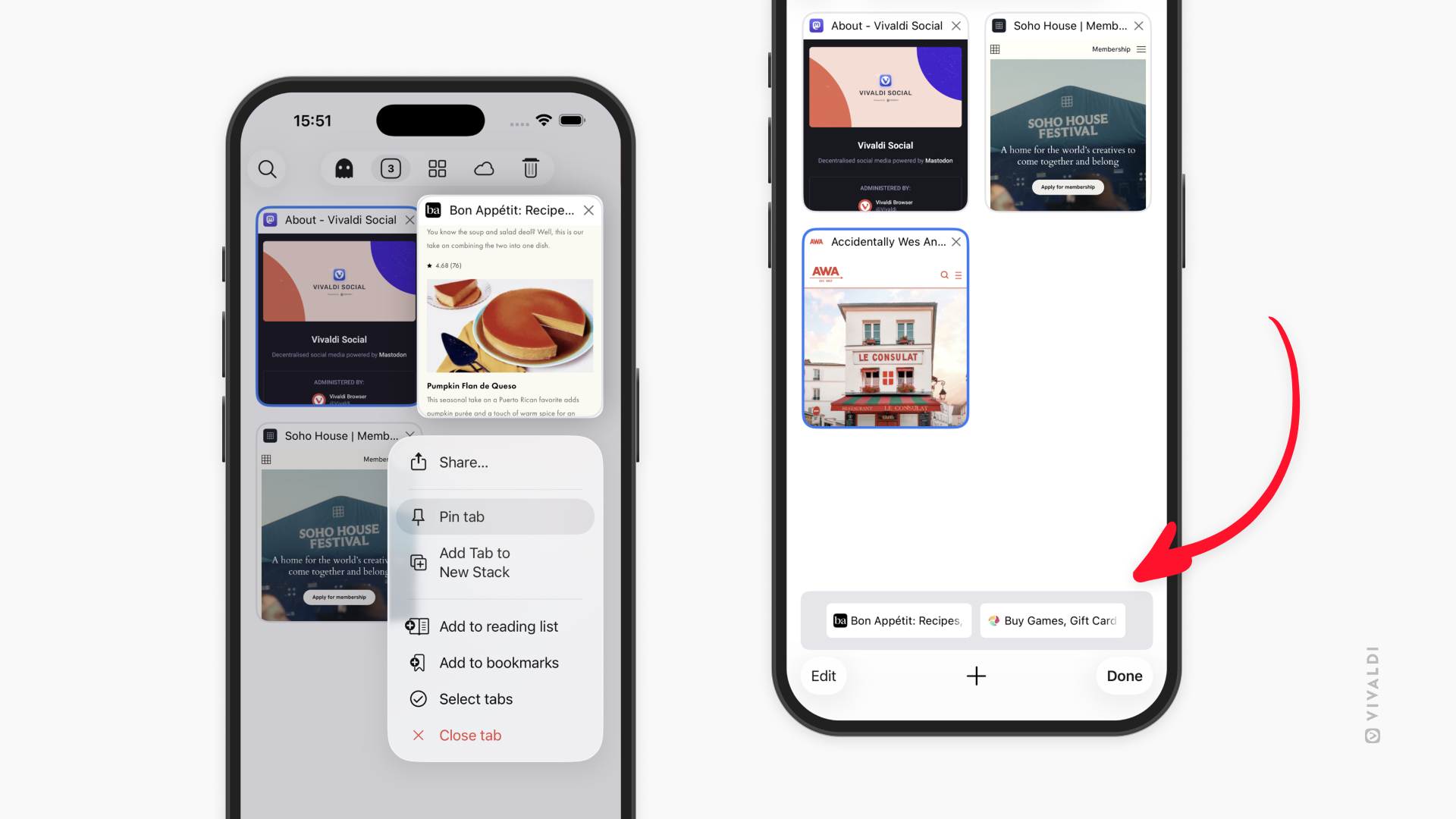 Vivaldi browser tab view on an iPhone. A tab is selected and a context menu appears with items like ‘Share,’ ‘Pin tab,’ ‘Add Tab to New Stack,’ ‘Add to reading list,’ ‘Add to bookmarks,’ ‘Select tabs,’ and ‘Close tab.’ On the right, another screen shows a tab being dragged toward the bottom bar for pinning, indicated by a red arrow. 
