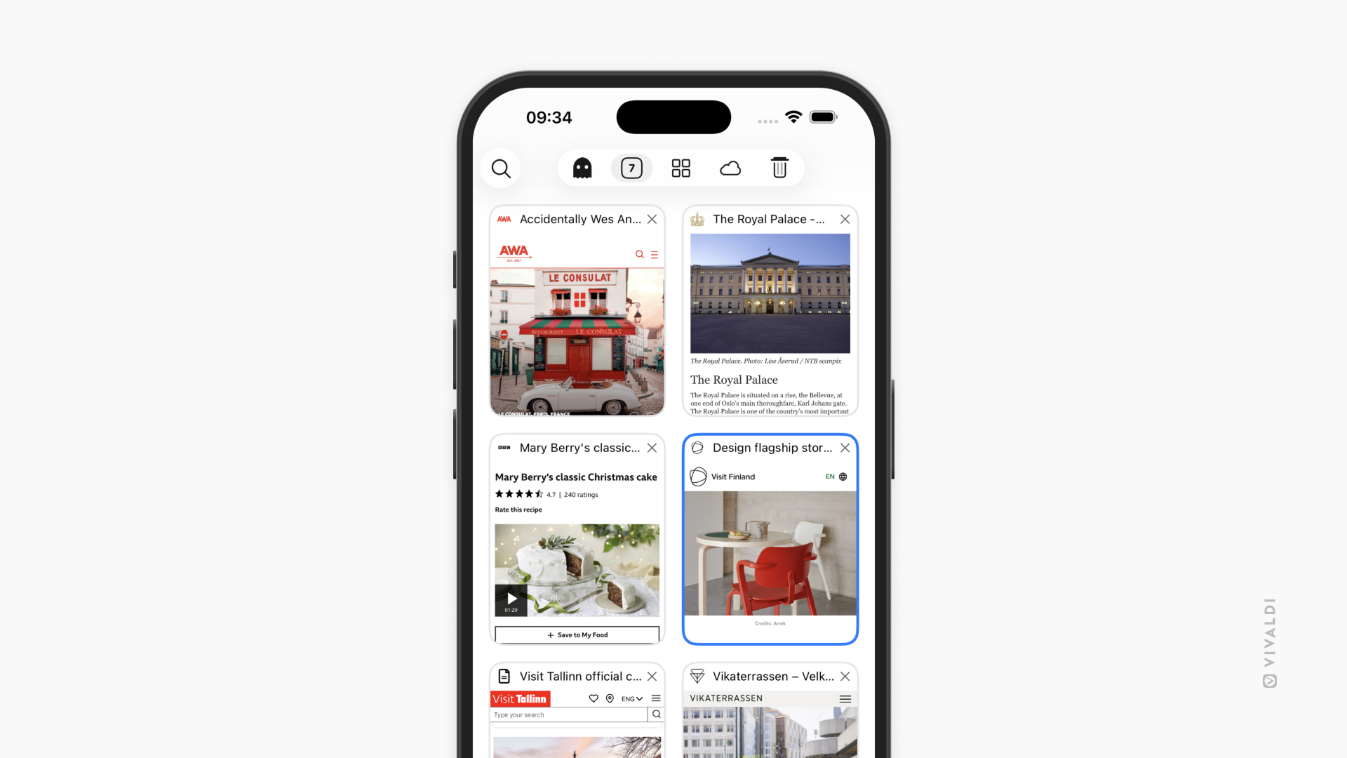 An iPhone screen displaying Vivaldi’s tab switcher in a grid layout. Multiple webpage thumbnails appear as individual cards with close buttons in the top-right corners. The top toolbar includes icons for normal tabs, private tabs, synced tabs, and the trash.  