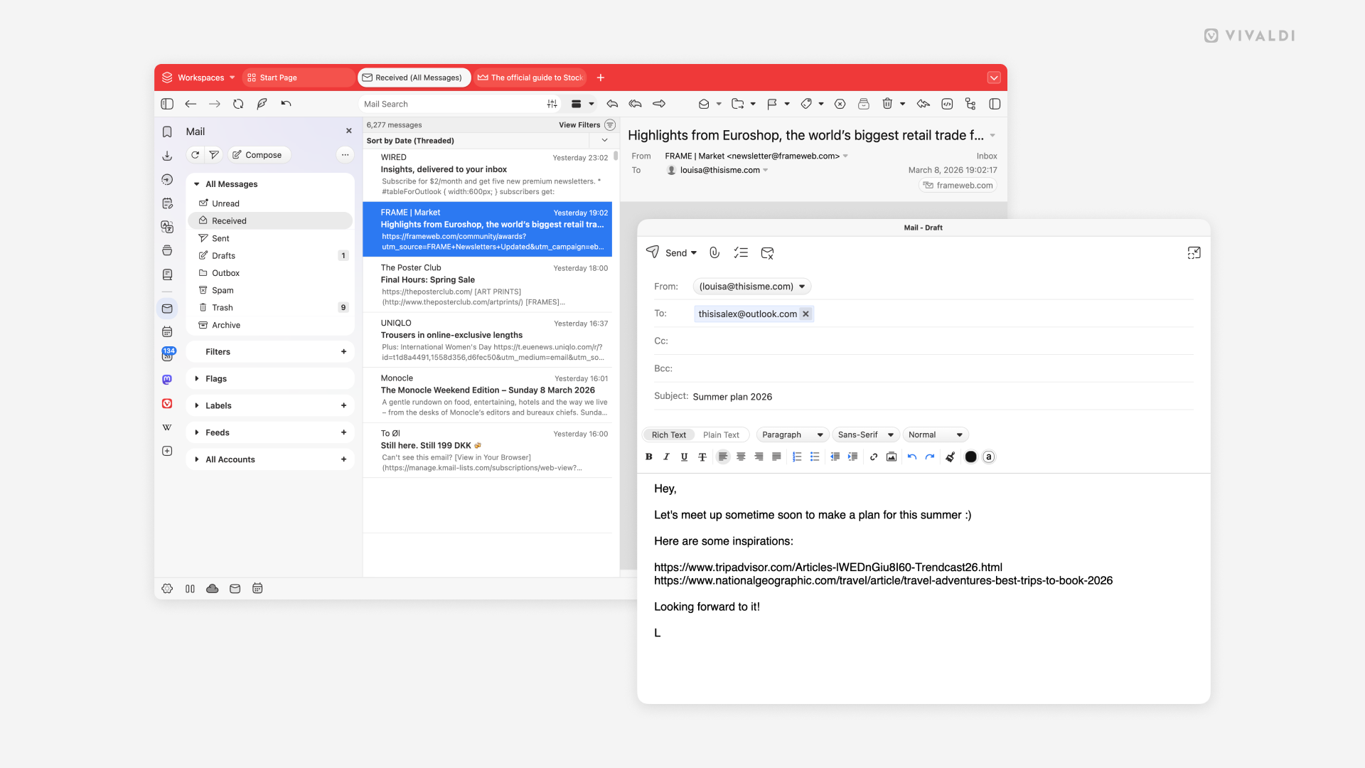 两个 Vivaldi 窗口。背景是普通的浏览器窗口，前景是邮件编辑器窗口。 